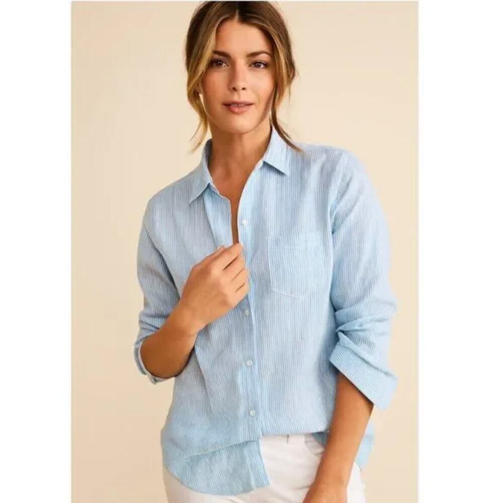 UNTUCKIT Top Sherry Striped Linen Blue White Stripe Shirt Quiet Luxury Womens 4